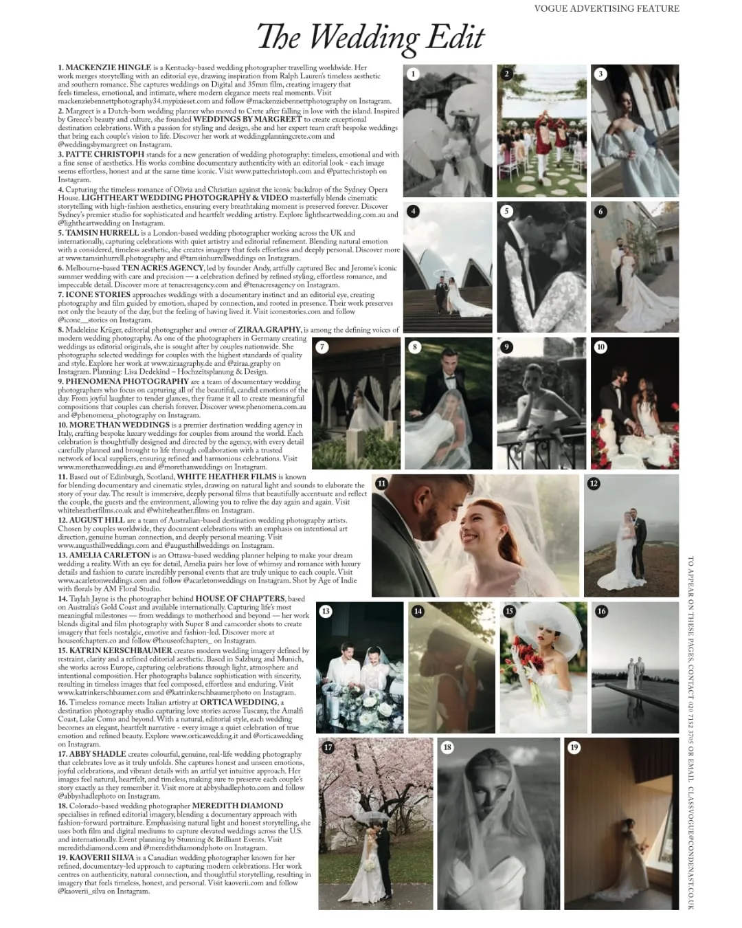 Seite „The Wedding Edit“ aus der Vogue, Mai 2026, ein Vogue Advertising Feature mit Hochzeitsfotografen und -planern
