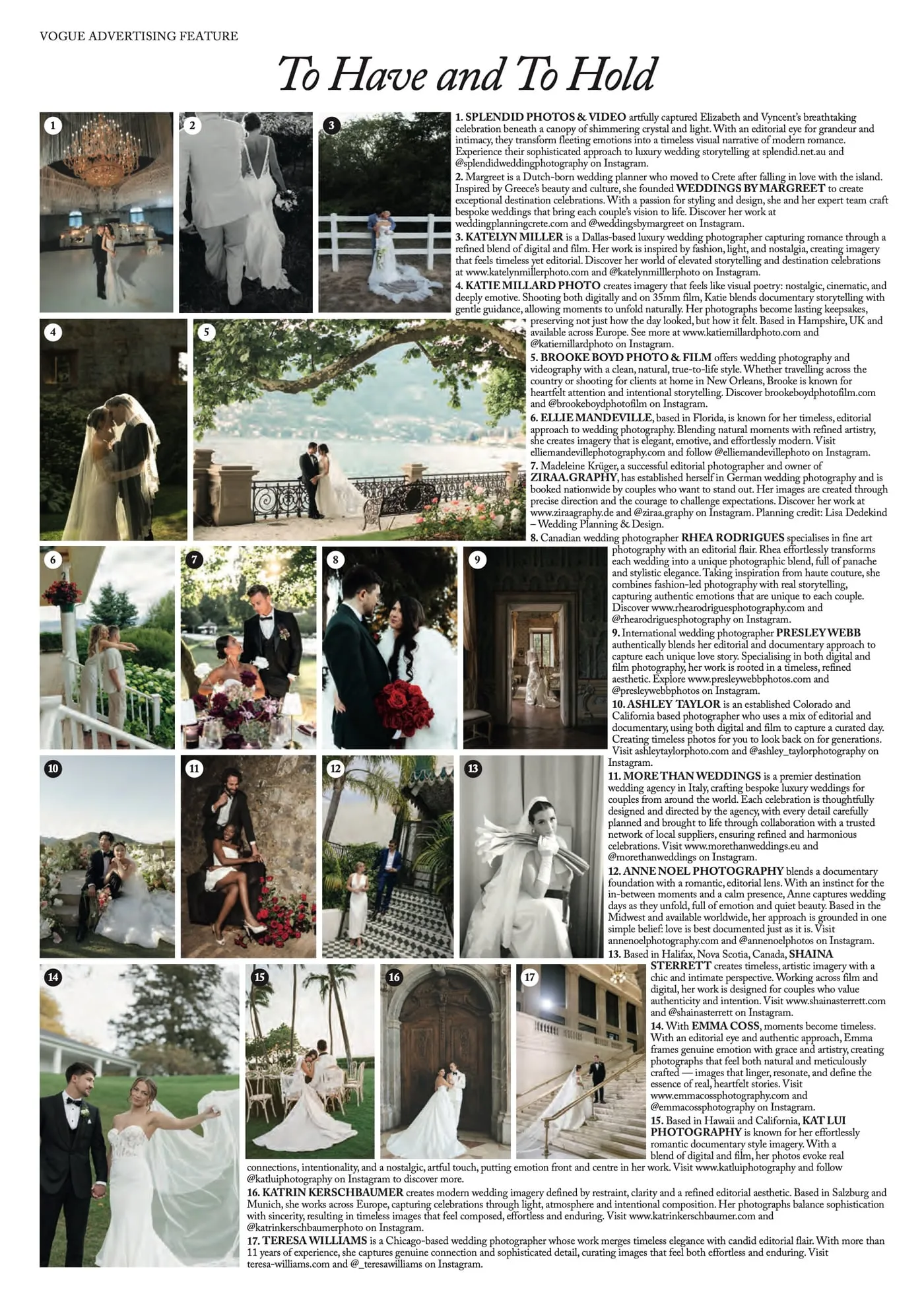 Seite „To Have and To Hold“ aus der Vogue, Juni 2026, ein Vogue Advertising Feature mit Hochzeitsfotografen und -planern