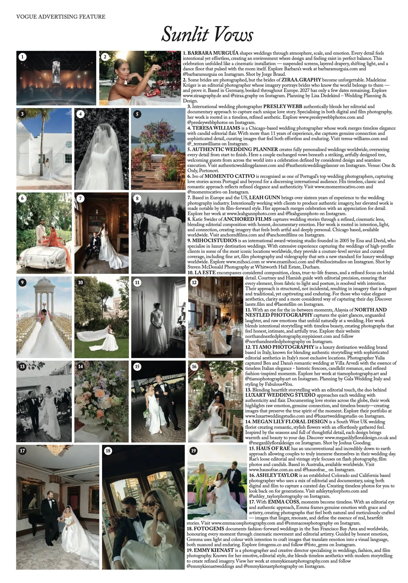 Seite „Sunlit Vows“ aus der Vogue, Juli 2026, ein Vogue Advertising Feature mit Hochzeitsfotografen und -planern